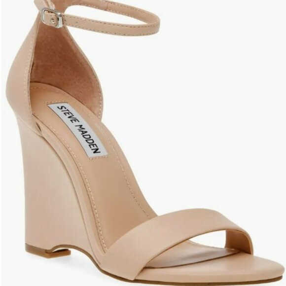 Steve Madden Mallor Tan Wedge Ankle Strap Round Toe Heel Sandals Size 9 - Picture 1 of 12